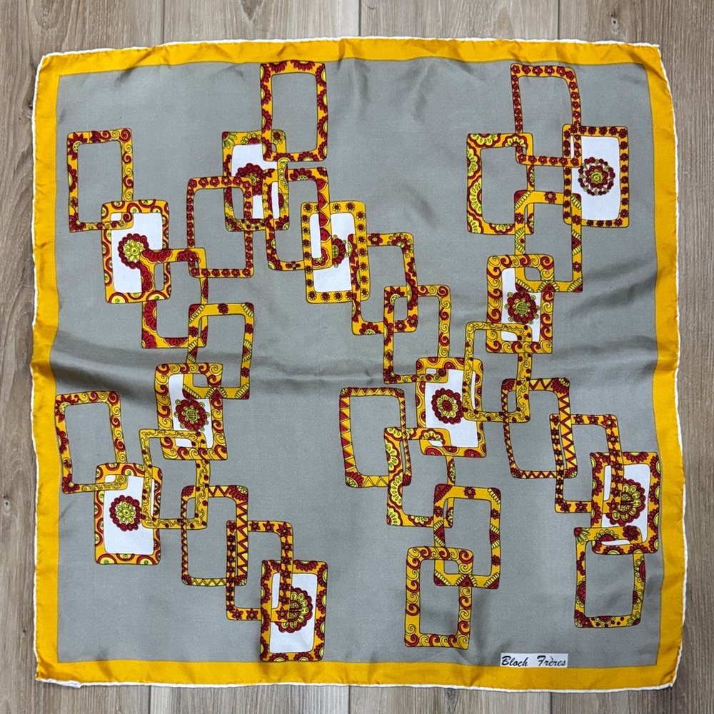 Bloch Frères Gray and Yellow Silk Scarf Made in Japan